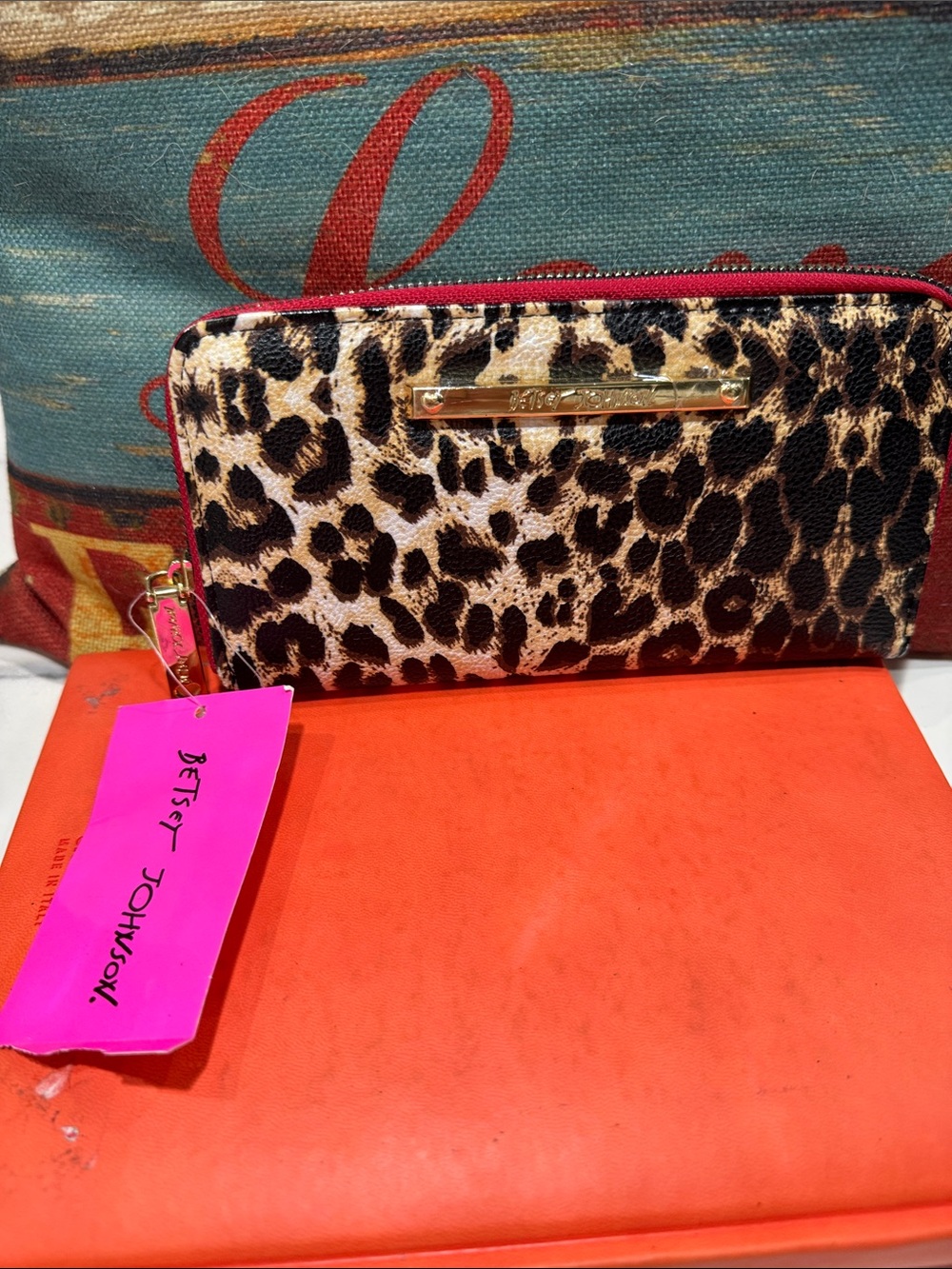 Betsey Johnson Leopard Print Zip Wallet with Pink Trim